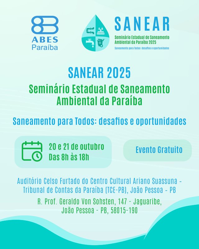 João Pessoa sediará o 3º SANEAR-PB em outubro de 2025